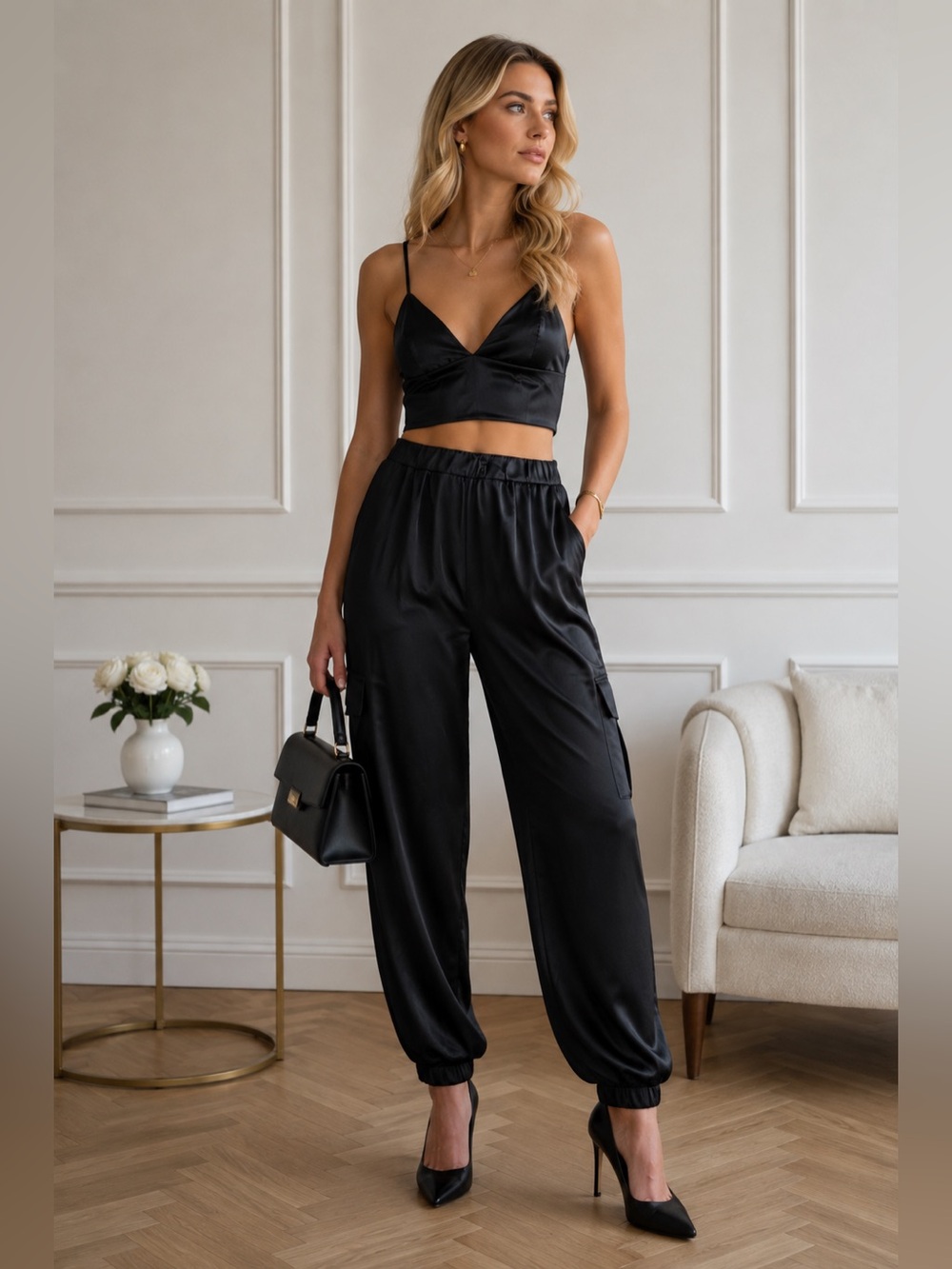 Zara Black Satin Crop Cami and Joggers Set